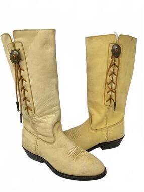 Vintage Capezio Boots Cream Leather Western Boots Concho Lace Up Detail